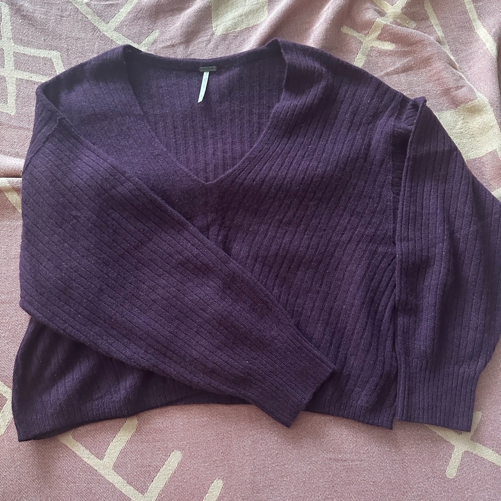Free People Ribbed V-Neck Sweater in Deep Plum
